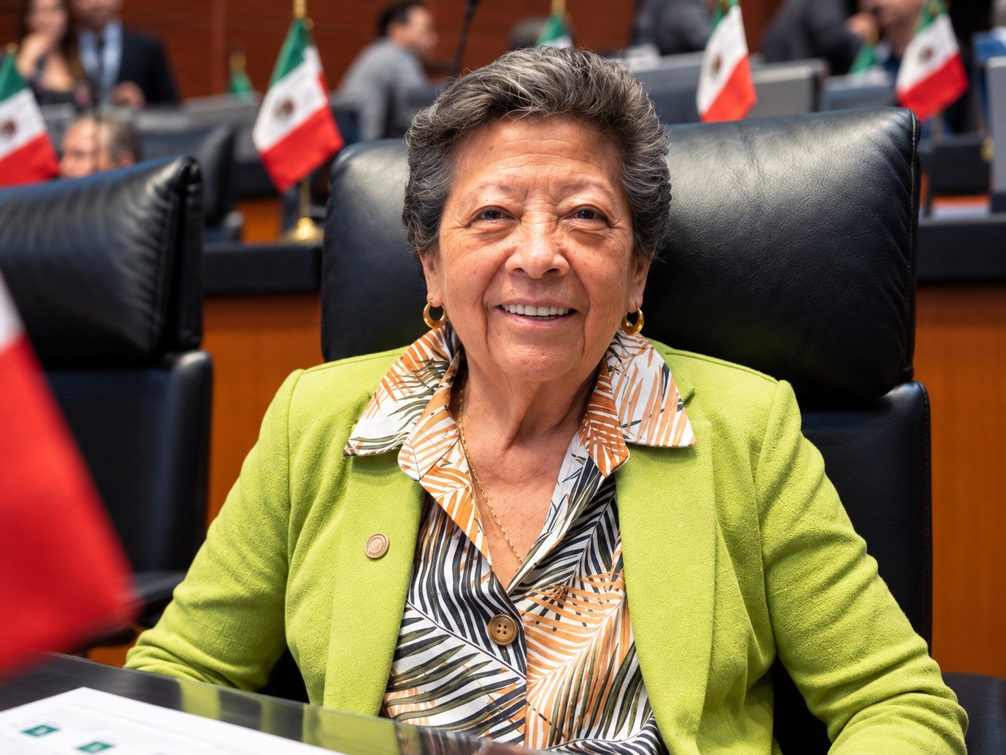 Nora Elena Yu Hernández, senadora por Chihuahua, sonríe desde su escaño en el Senado de la República